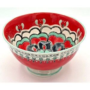 ANTHROPOLOGIE Footed Bowl Akaya Elka Red Bohemian Floral Handpainted Cereal Soup